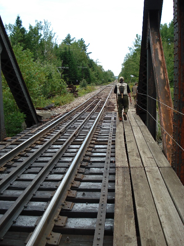 Fred crossing railroad track bridge